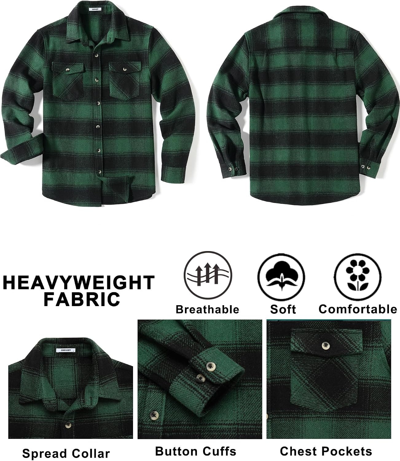 image:imageCOOFANDY Mens Flannel Shirt Jacket Long Sleeve Plaid Shacket with PocketsDark Green