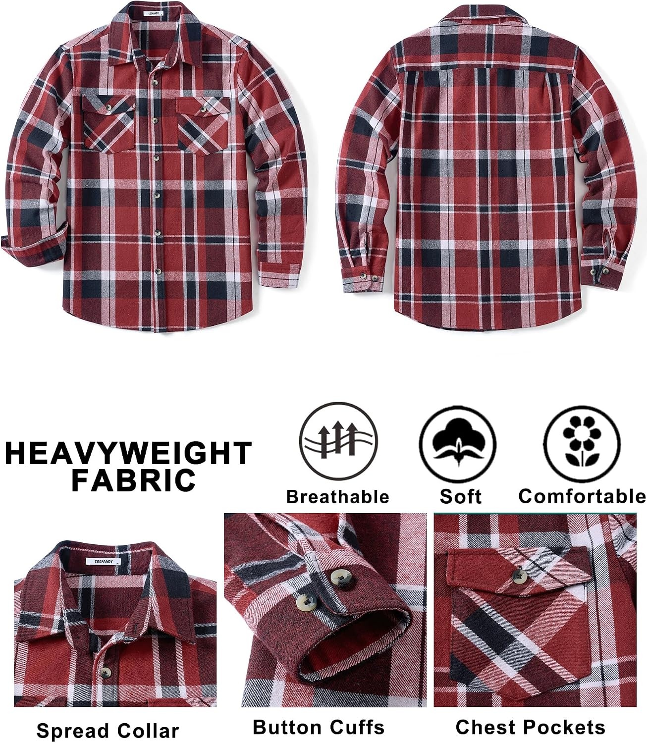 image:imageCOOFANDY Mens Flannel Shirt Jacket Long Sleeve Plaid Shacket with PocketsRed