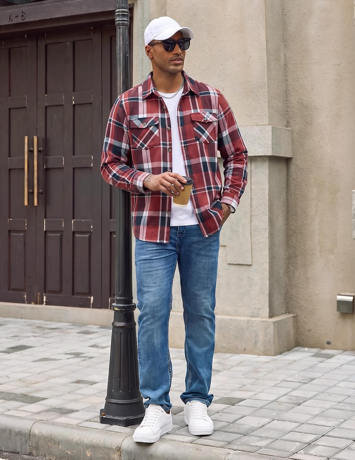 image:imageCOOFANDY Mens Flannel Shirt Jacket Long Sleeve Plaid Shacket with PocketsRed