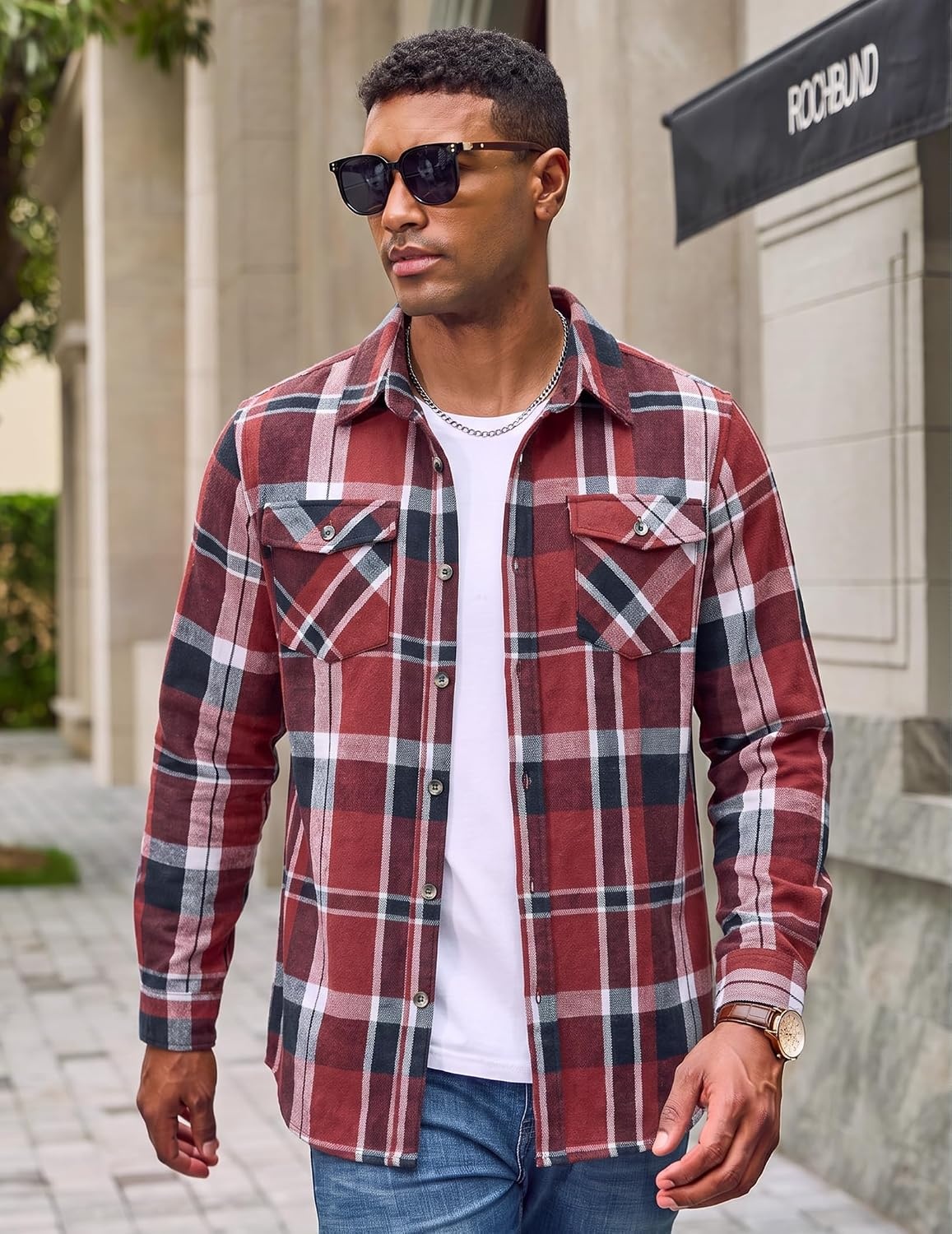 image:imageCOOFANDY Mens Flannel Shirt Jacket Long Sleeve Plaid Shacket with PocketsRed