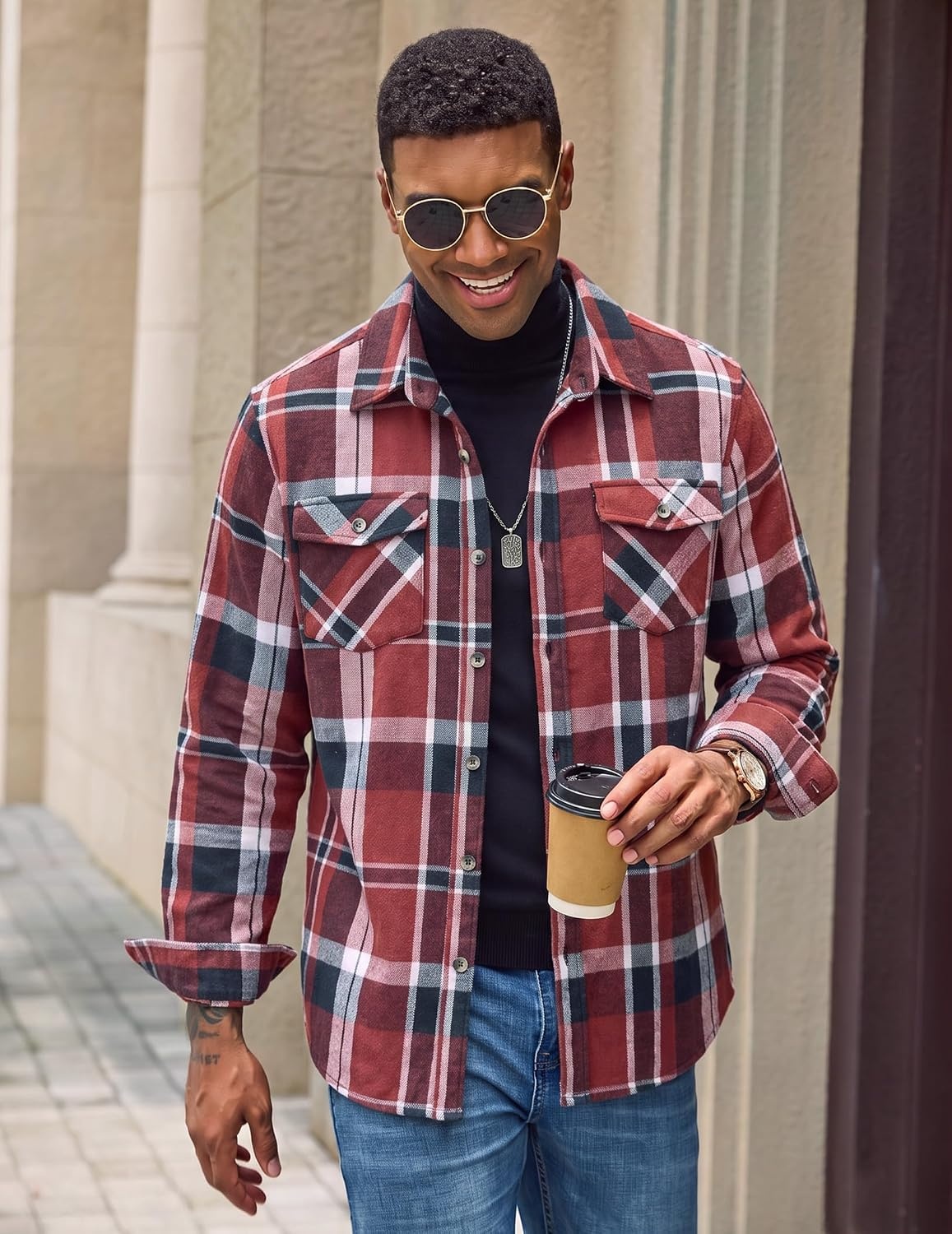 image:imageCOOFANDY Mens Flannel Shirt Jacket Long Sleeve Plaid Shacket with PocketsRed