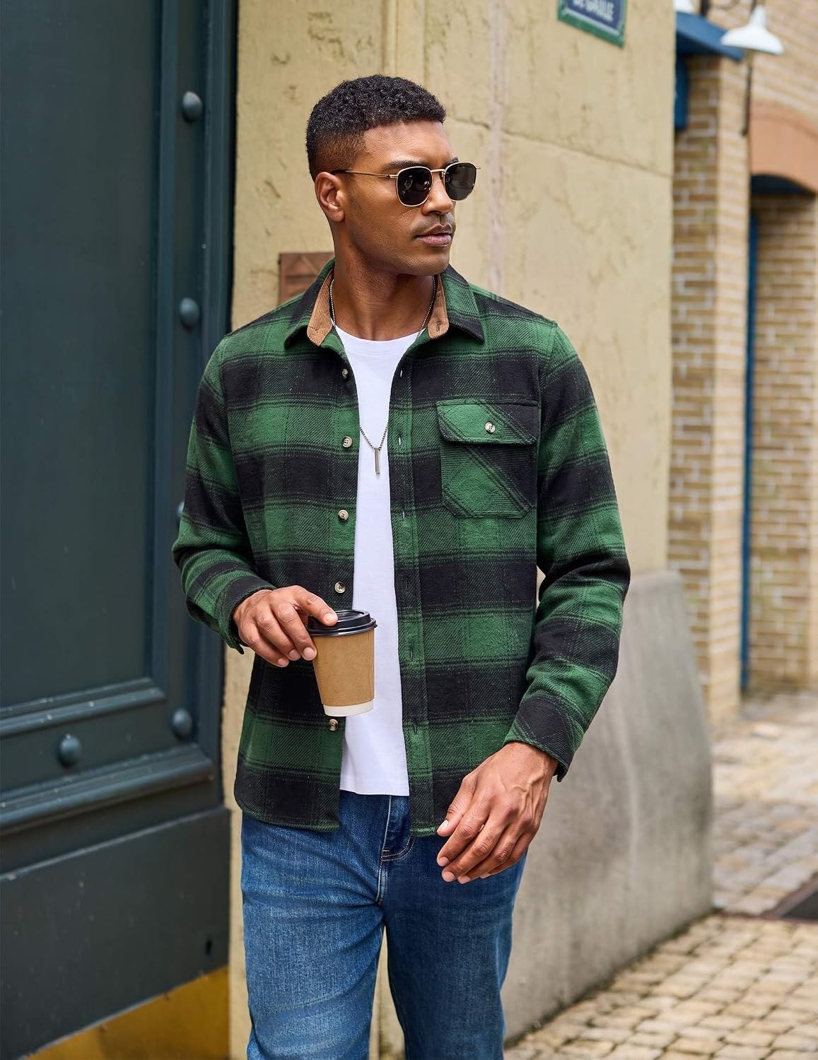 image:imageCOOFANDY Mens Flannel Shirts Long Sleeve Plaid Button Down Shirt JacketGreen