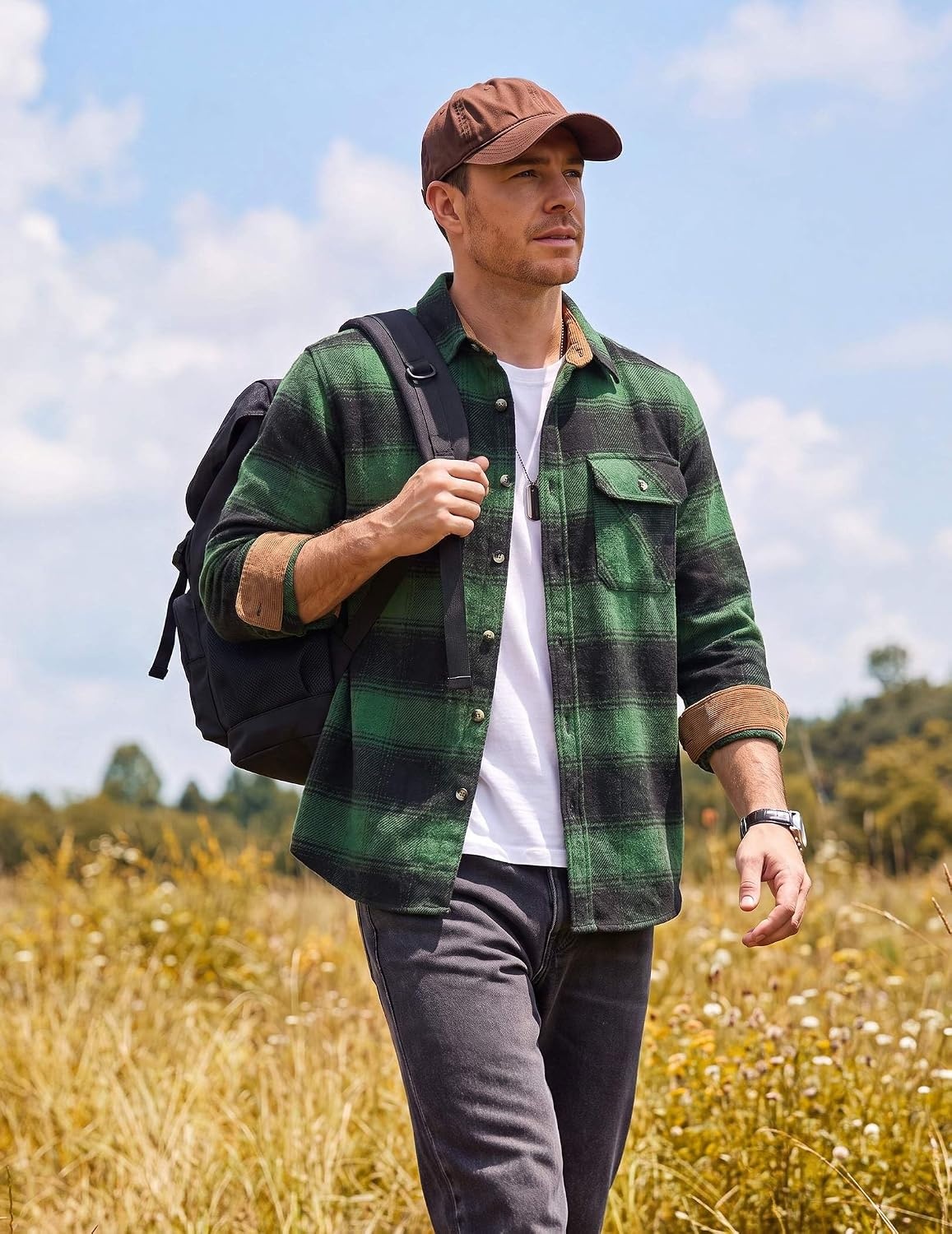 image:imageCOOFANDY Mens Flannel Shirts Long Sleeve Plaid Button Down Shirt JacketGreen