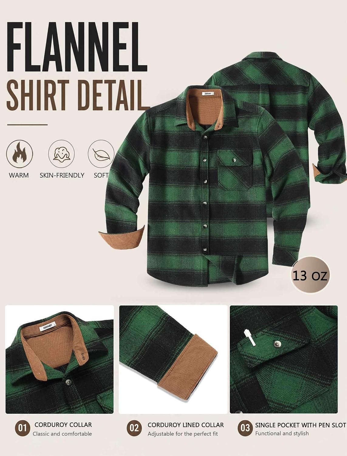 image:imageCOOFANDY Mens Flannel Shirts Long Sleeve Plaid Button Down Shirt JacketGreen