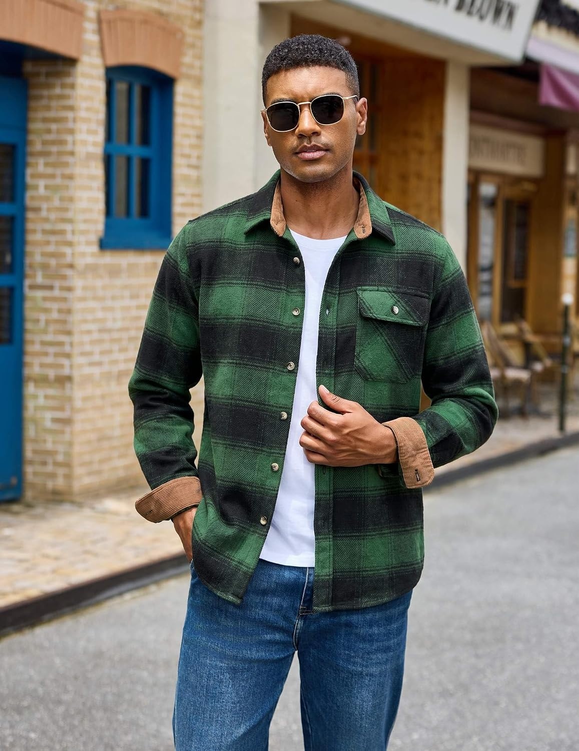image:imageCOOFANDY Mens Flannel Shirts Long Sleeve Plaid Button Down Shirt JacketGreen