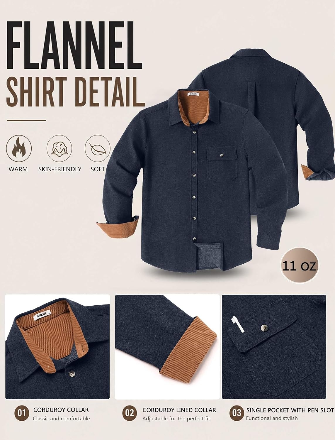image:imageCOOFANDY Mens Flannel Shirts Long Sleeve Plaid Button Down Shirt JacketSolid Navy Blue