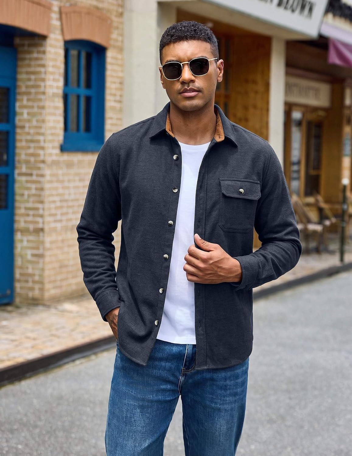 image:imageCOOFANDY Mens Flannel Shirts Long Sleeve Plaid Button Down Shirt JacketSolid Navy Blue