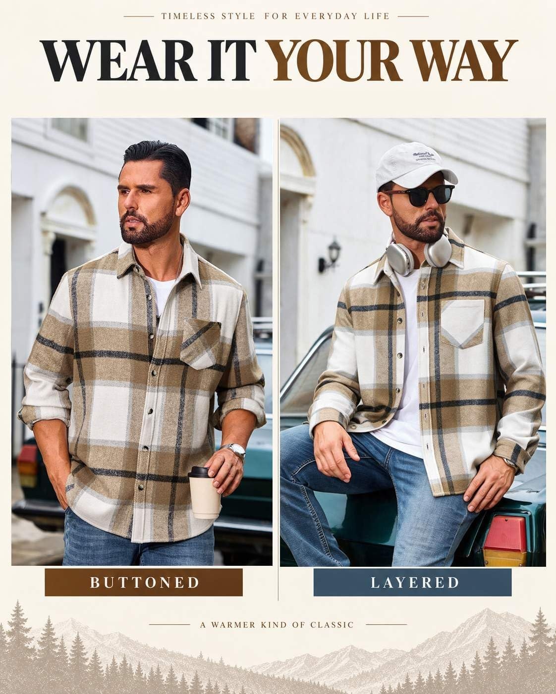 image:imageCOOFANDY Mens Flannel Shirts Long Sleeve Plaid Button Down Shirt Jackets01light Khaki Plaid