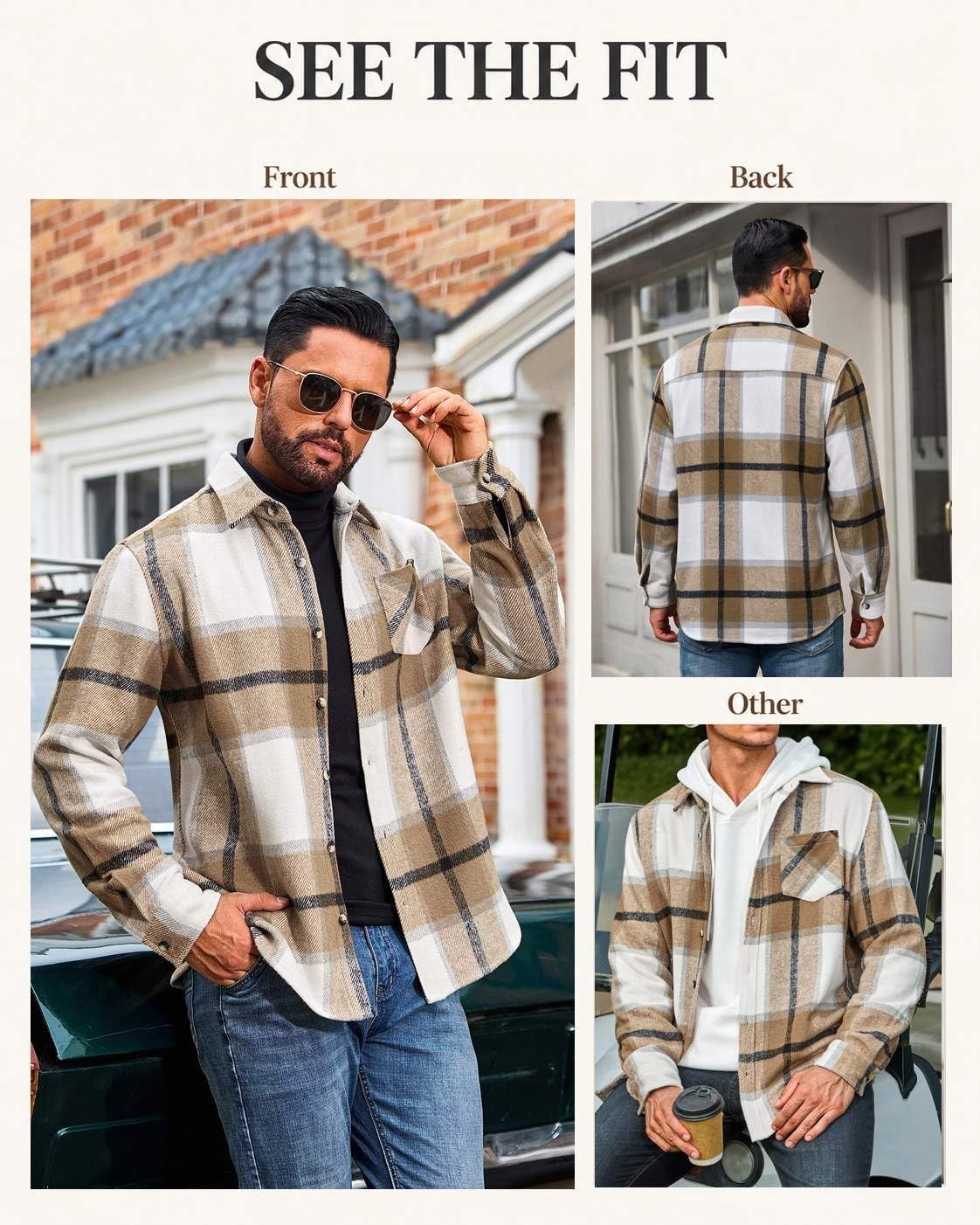 image:imageCOOFANDY Mens Flannel Shirts Long Sleeve Plaid Button Down Shirt Jackets01light Khaki Plaid