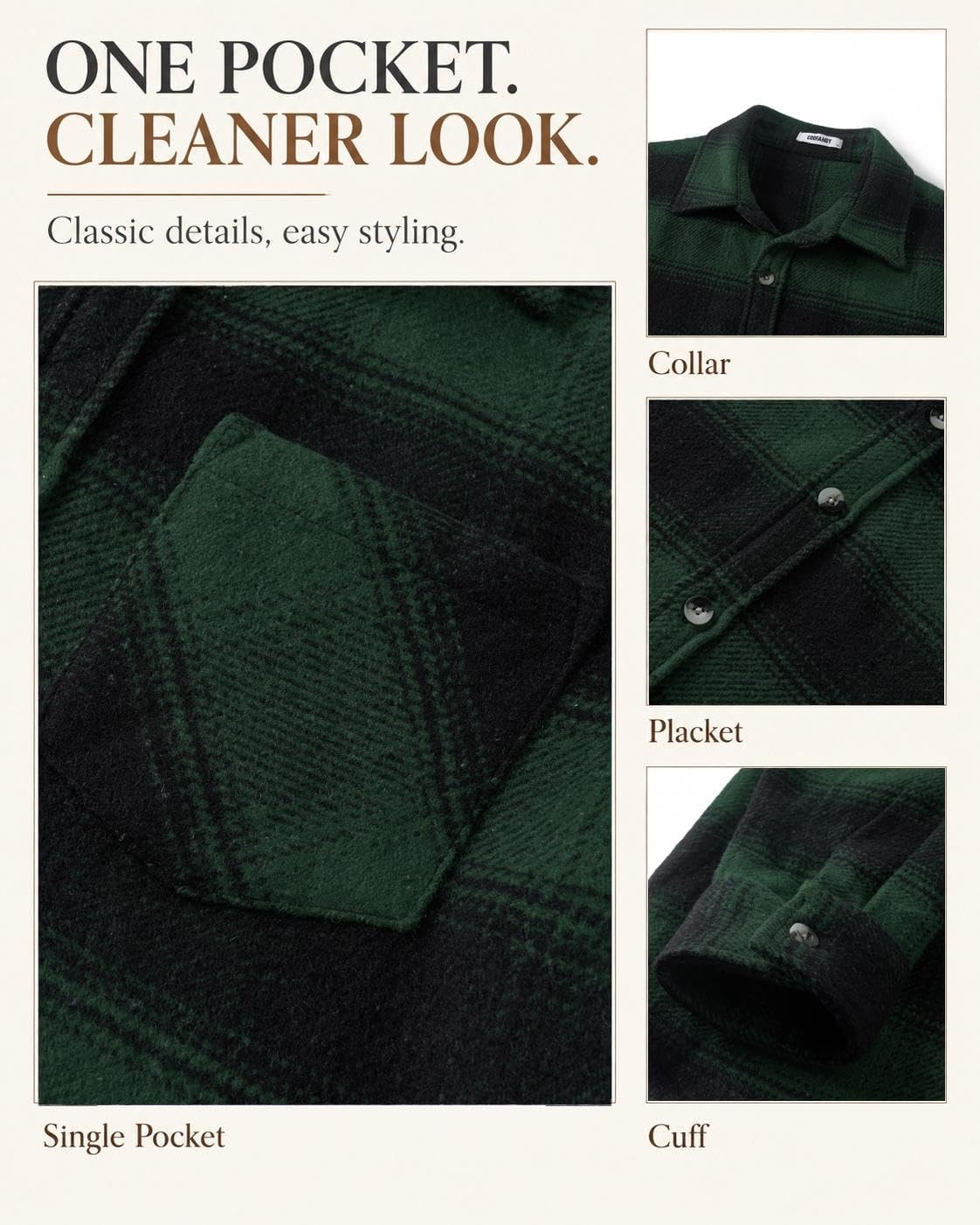 image:imageCOOFANDY Mens Flannel Shirts Long Sleeve Plaid Button Down Shirt JacketsGreen Black Plaid