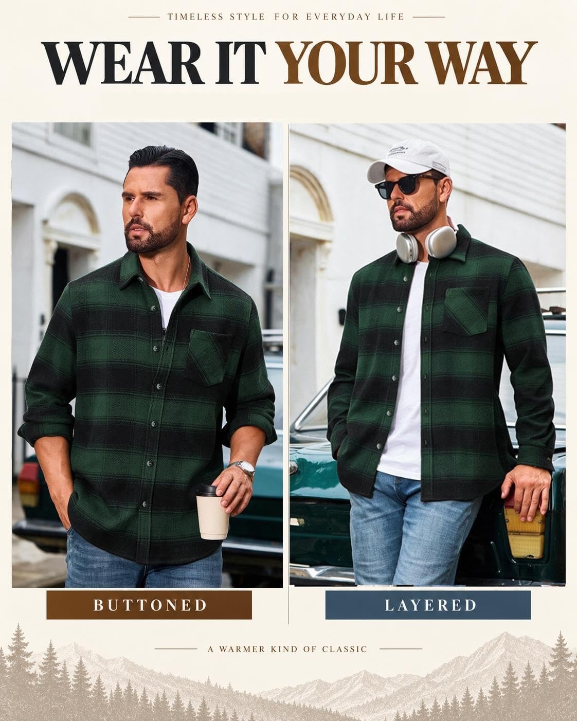 image:imageCOOFANDY Mens Flannel Shirts Long Sleeve Plaid Button Down Shirt JacketsGreen Black Plaid