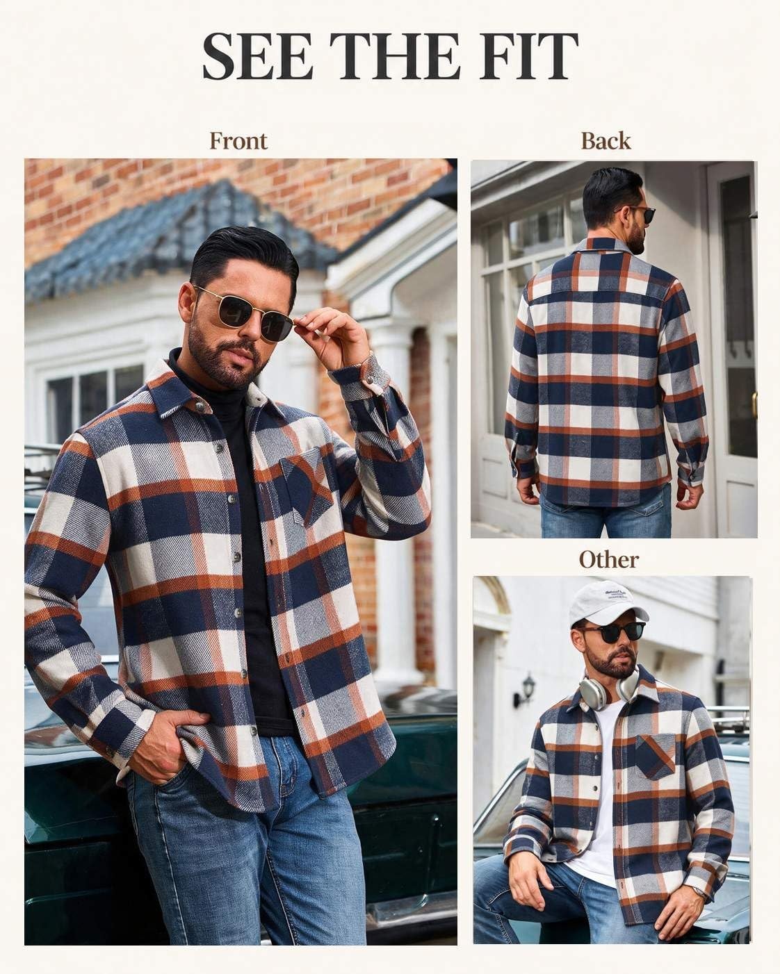 image:imageCOOFANDY Mens Flannel Shirts Long Sleeve Plaid Button Down Shirt JacketsNavy Orange Plaid