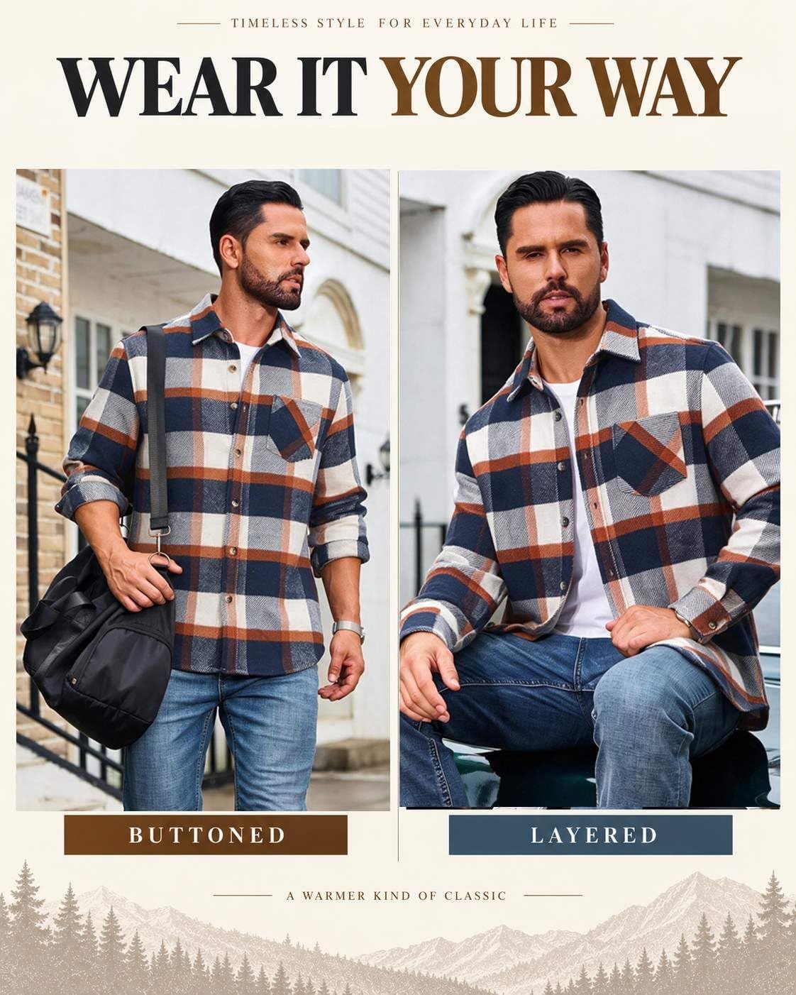 image:imageCOOFANDY Mens Flannel Shirts Long Sleeve Plaid Button Down Shirt JacketsNavy Orange Plaid