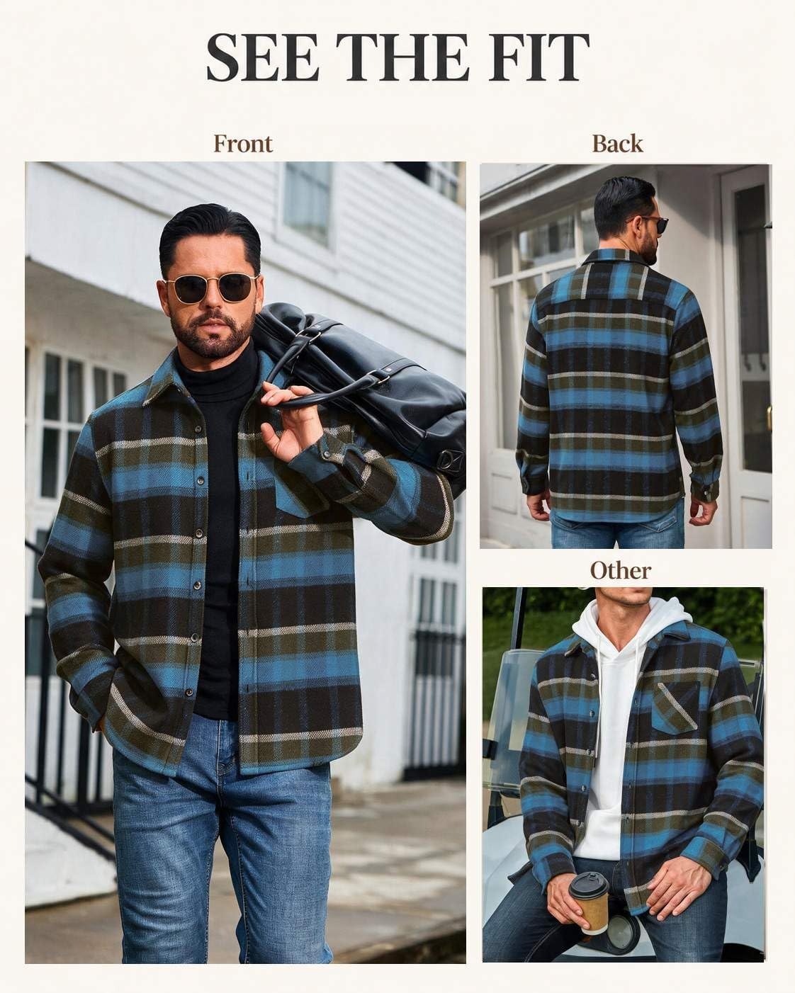 image:imageCOOFANDY Mens Flannel Shirts Long Sleeve Plaid Button Down Shirt JacketsOlive Blue Plaid
