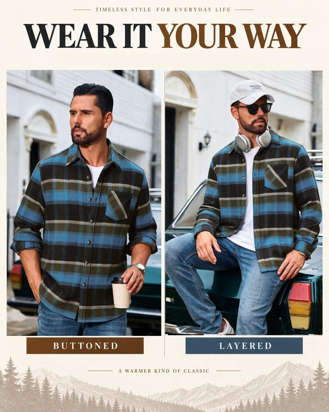 image:imageCOOFANDY Mens Flannel Shirts Long Sleeve Plaid Button Down Shirt JacketsOlive Blue Plaid