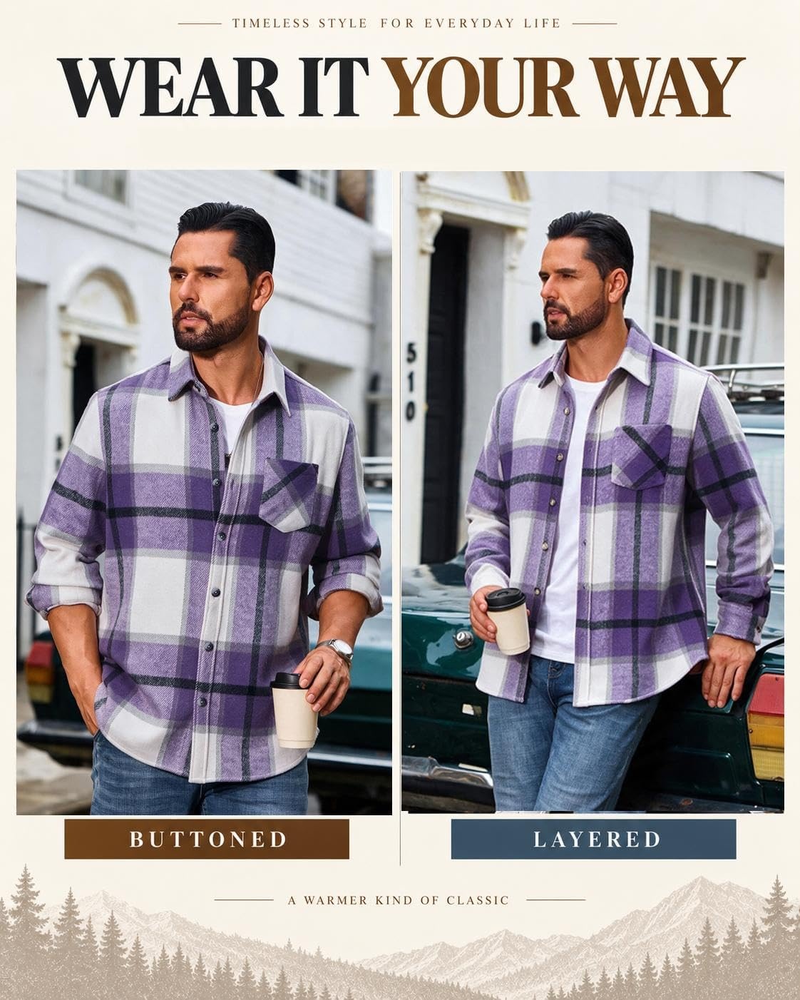 image:imageCOOFANDY Mens Flannel Shirts Long Sleeve Plaid Button Down Shirt JacketsPurple Plaid