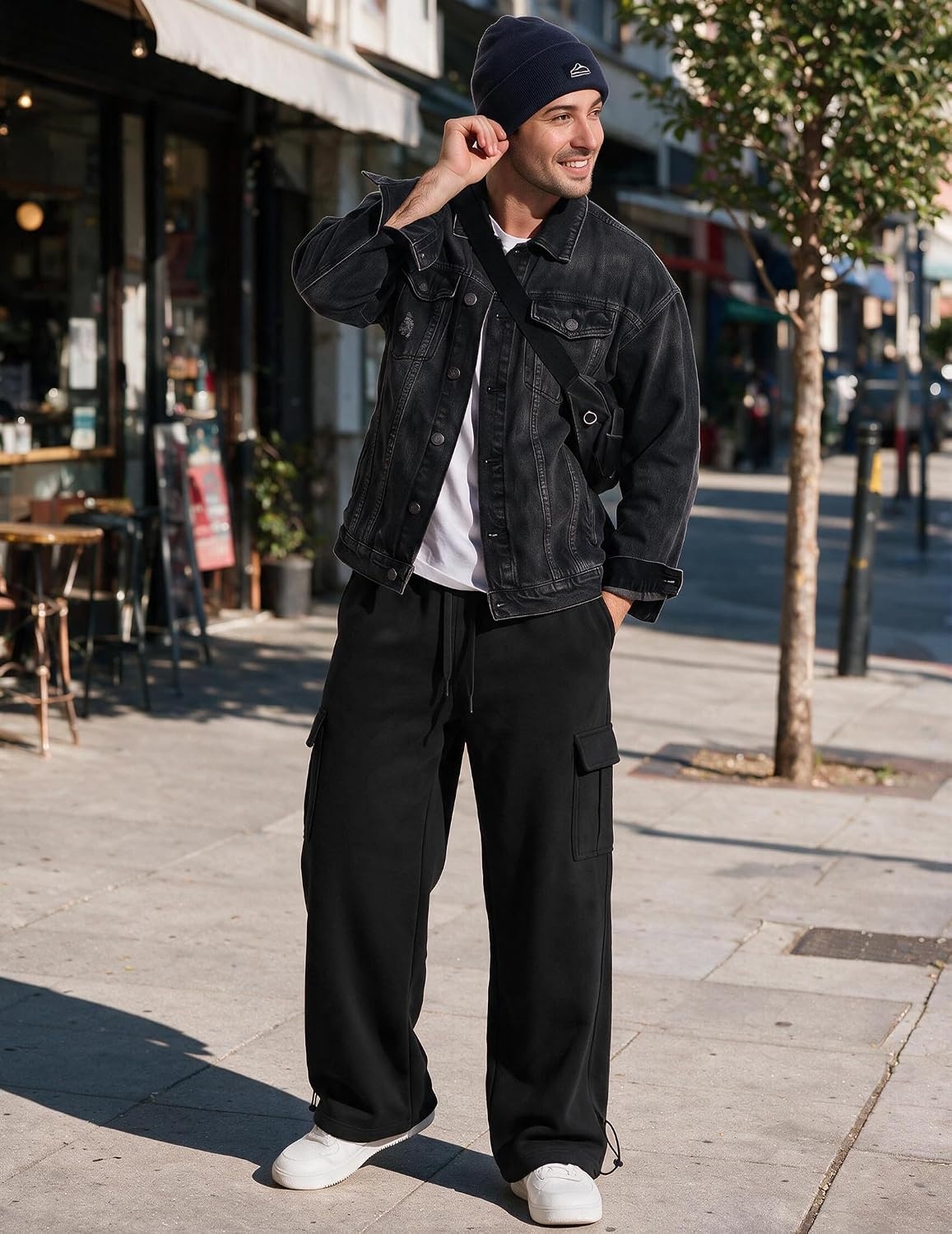 image:imageCOOFANDY Mens Fleece Cargo Sweatpants Baggy Wide Leg Joggers with PocketsBlack