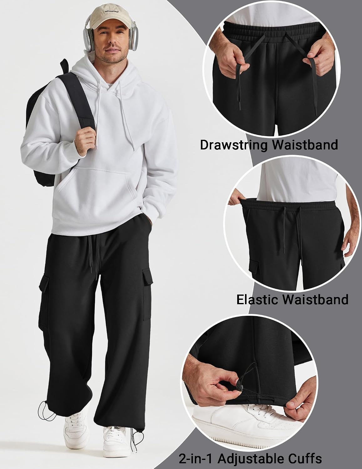image:imageCOOFANDY Mens Fleece Cargo Sweatpants Baggy Wide Leg Joggers with PocketsBlack