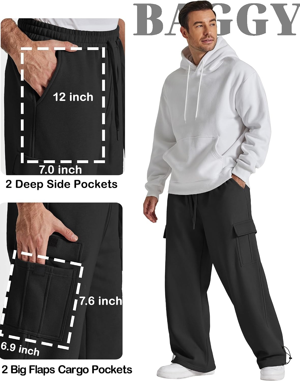 image:imageCOOFANDY Mens Fleece Cargo Sweatpants Baggy Wide Leg Joggers with PocketsBlack