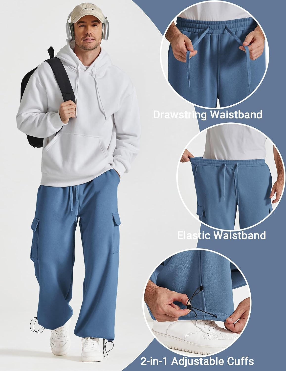 image:imageCOOFANDY Mens Fleece Cargo Sweatpants Baggy Wide Leg Joggers with PocketsBlue