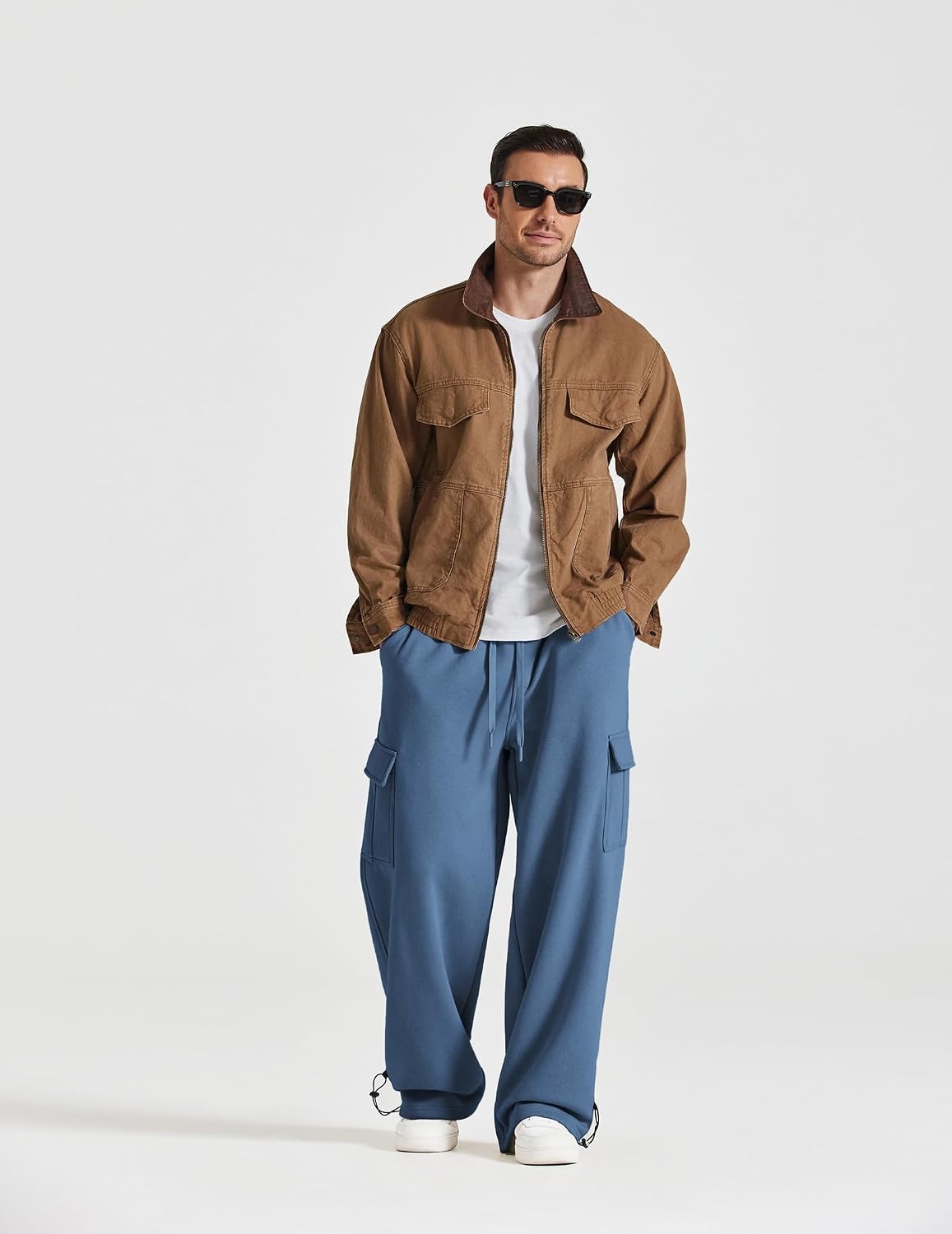 image:imageCOOFANDY Mens Fleece Cargo Sweatpants Baggy Wide Leg Joggers with PocketsBlue