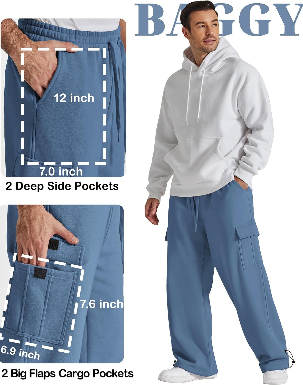 image:imageCOOFANDY Mens Fleece Cargo Sweatpants Baggy Wide Leg Joggers with PocketsBlue