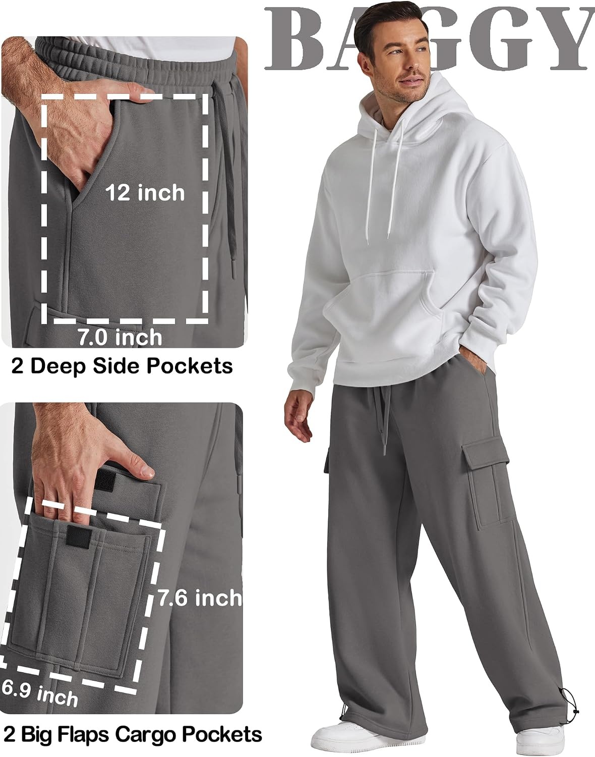 image:imageCOOFANDY Mens Fleece Cargo Sweatpants Baggy Wide Leg Joggers with PocketsDark Grey