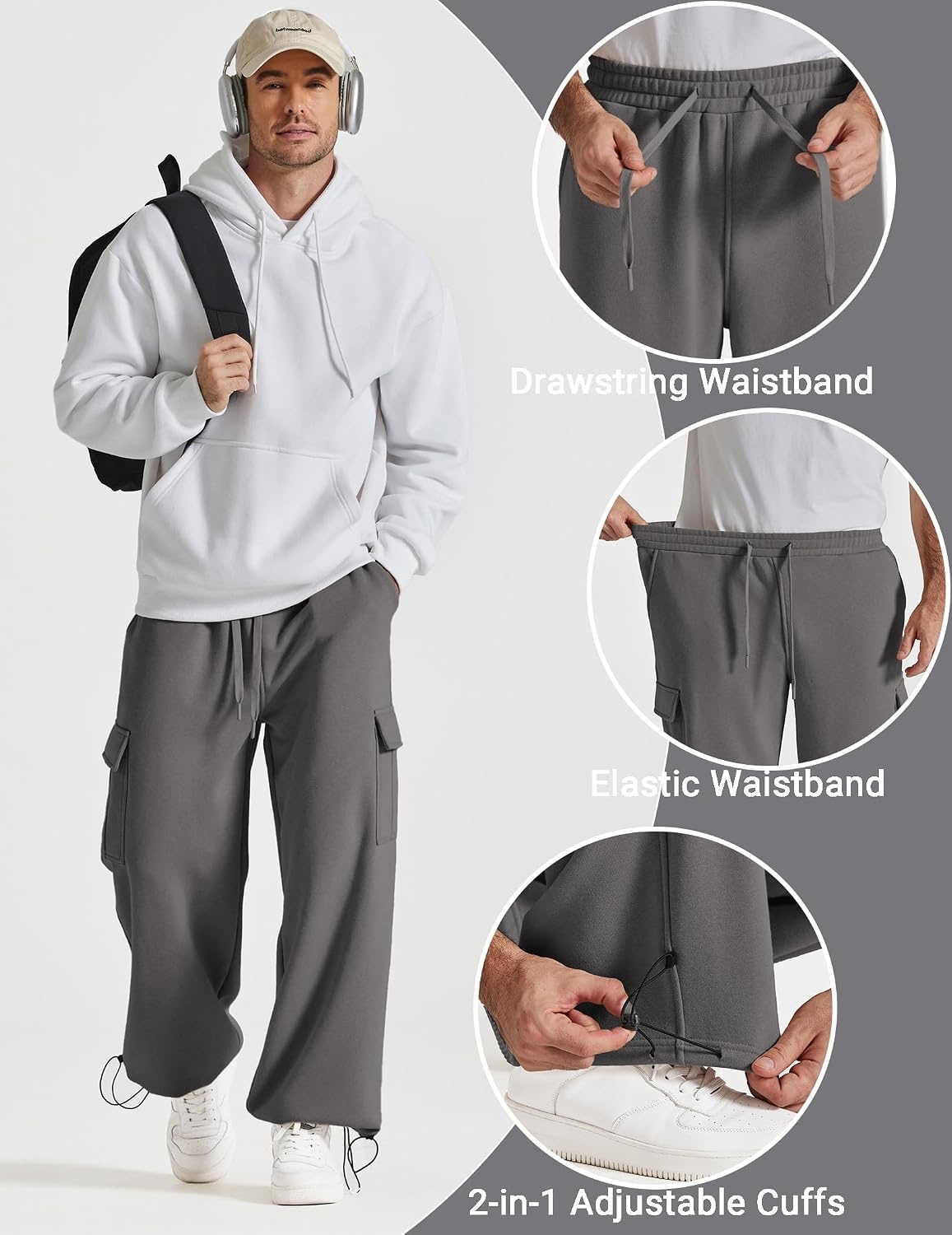 image:imageCOOFANDY Mens Fleece Cargo Sweatpants Baggy Wide Leg Joggers with PocketsDark Grey