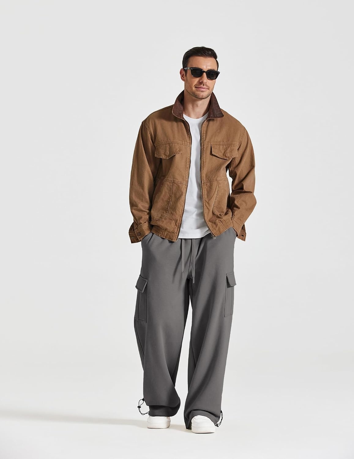 image:imageCOOFANDY Mens Fleece Cargo Sweatpants Baggy Wide Leg Joggers with PocketsDark Grey