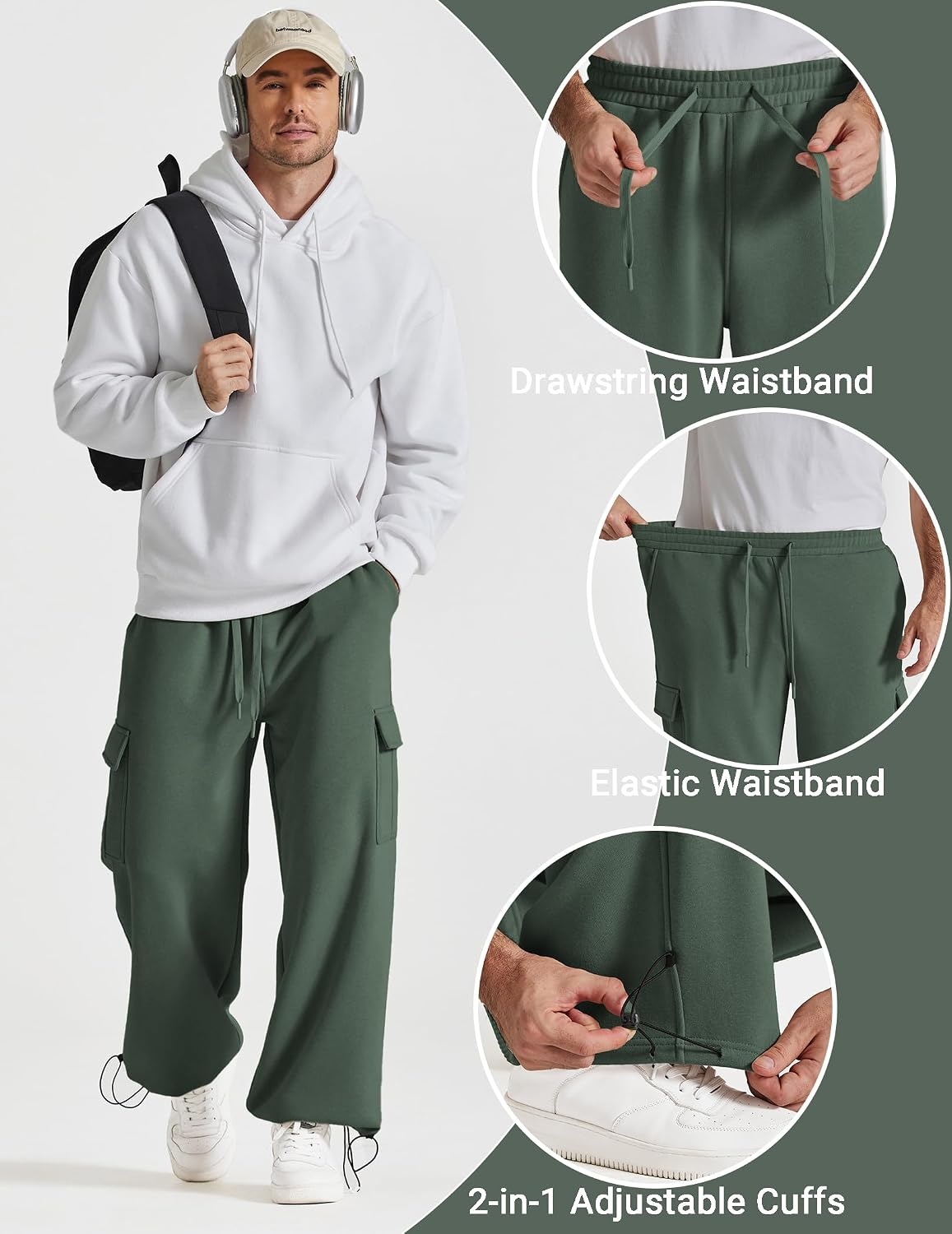 image:imageCOOFANDY Mens Fleece Cargo Sweatpants Baggy Wide Leg Joggers with PocketsForest Green