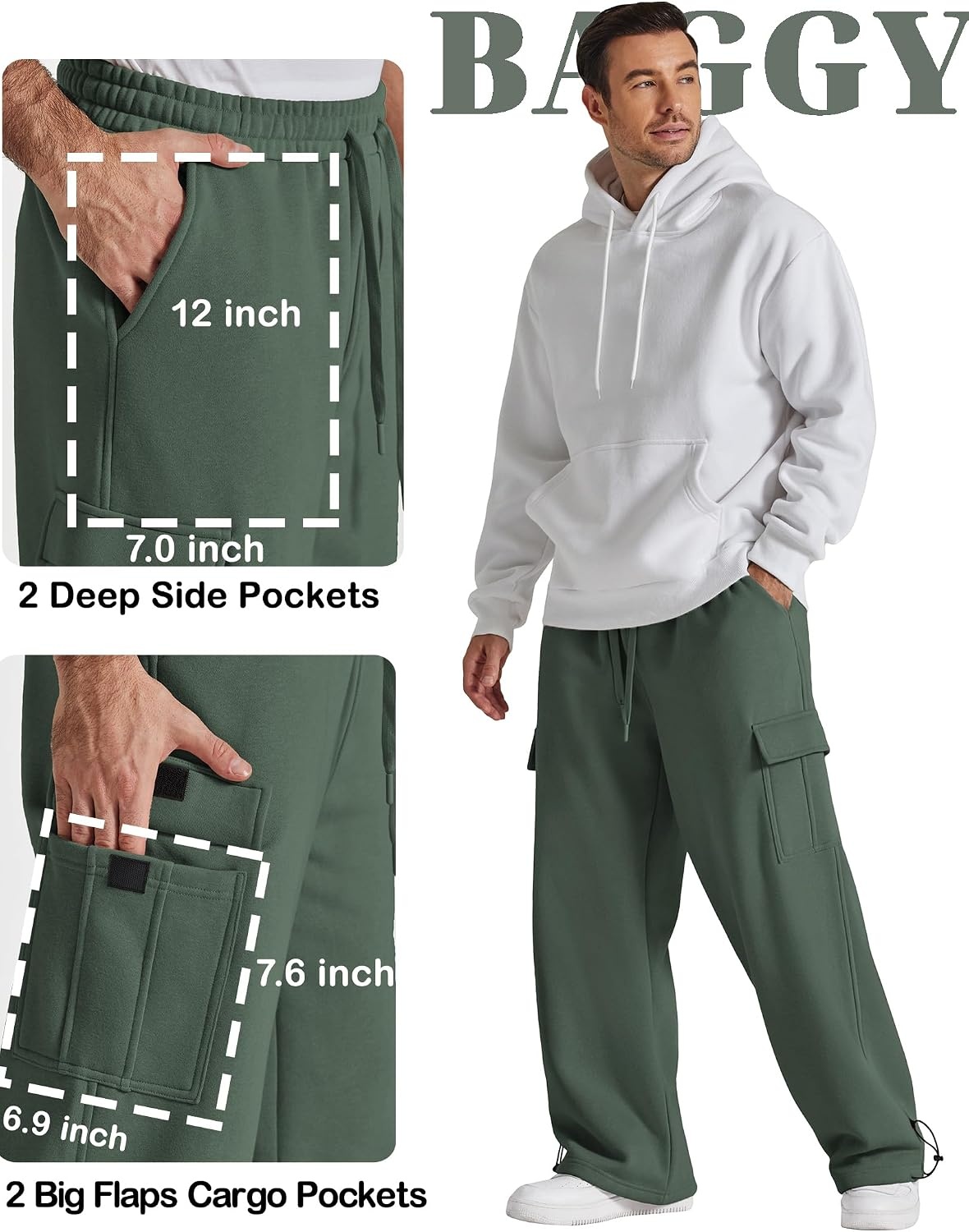 image:imageCOOFANDY Mens Fleece Cargo Sweatpants Baggy Wide Leg Joggers with PocketsForest Green