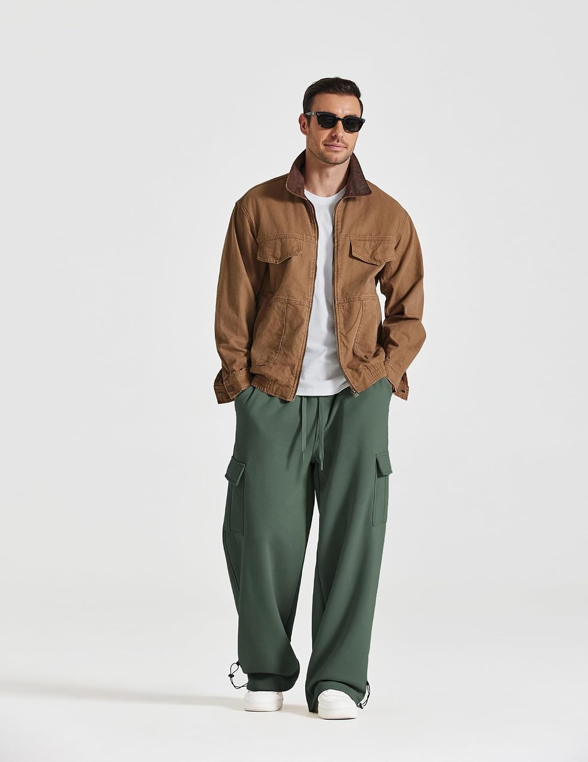 image:imageCOOFANDY Mens Fleece Cargo Sweatpants Baggy Wide Leg Joggers with PocketsForest Green