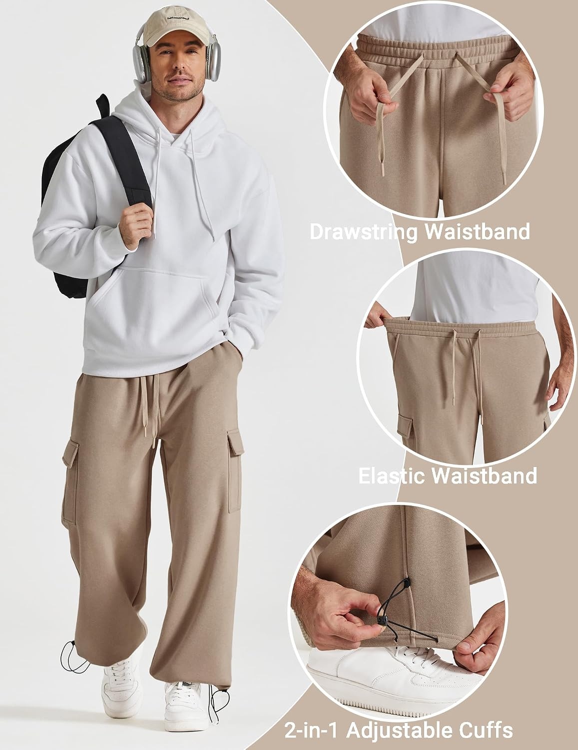image:imageCOOFANDY Mens Fleece Cargo Sweatpants Baggy Wide Leg Joggers with PocketsKhaki