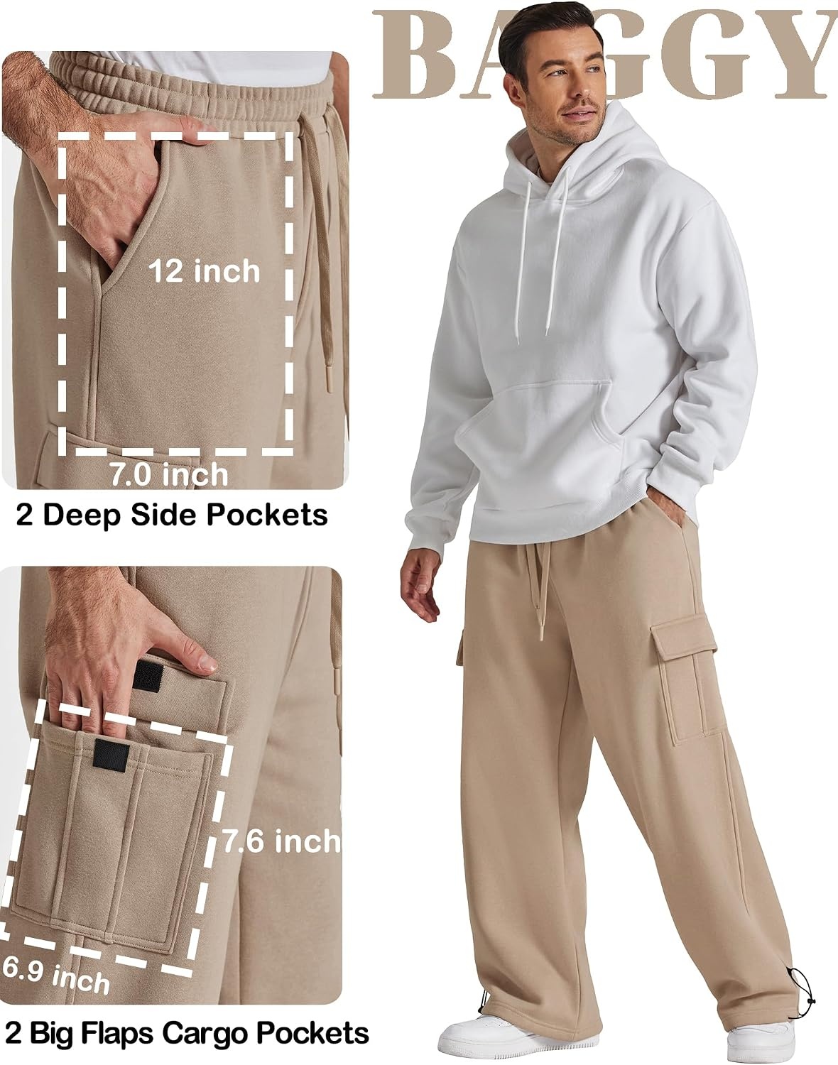 image:imageCOOFANDY Mens Fleece Cargo Sweatpants Baggy Wide Leg Joggers with PocketsKhaki