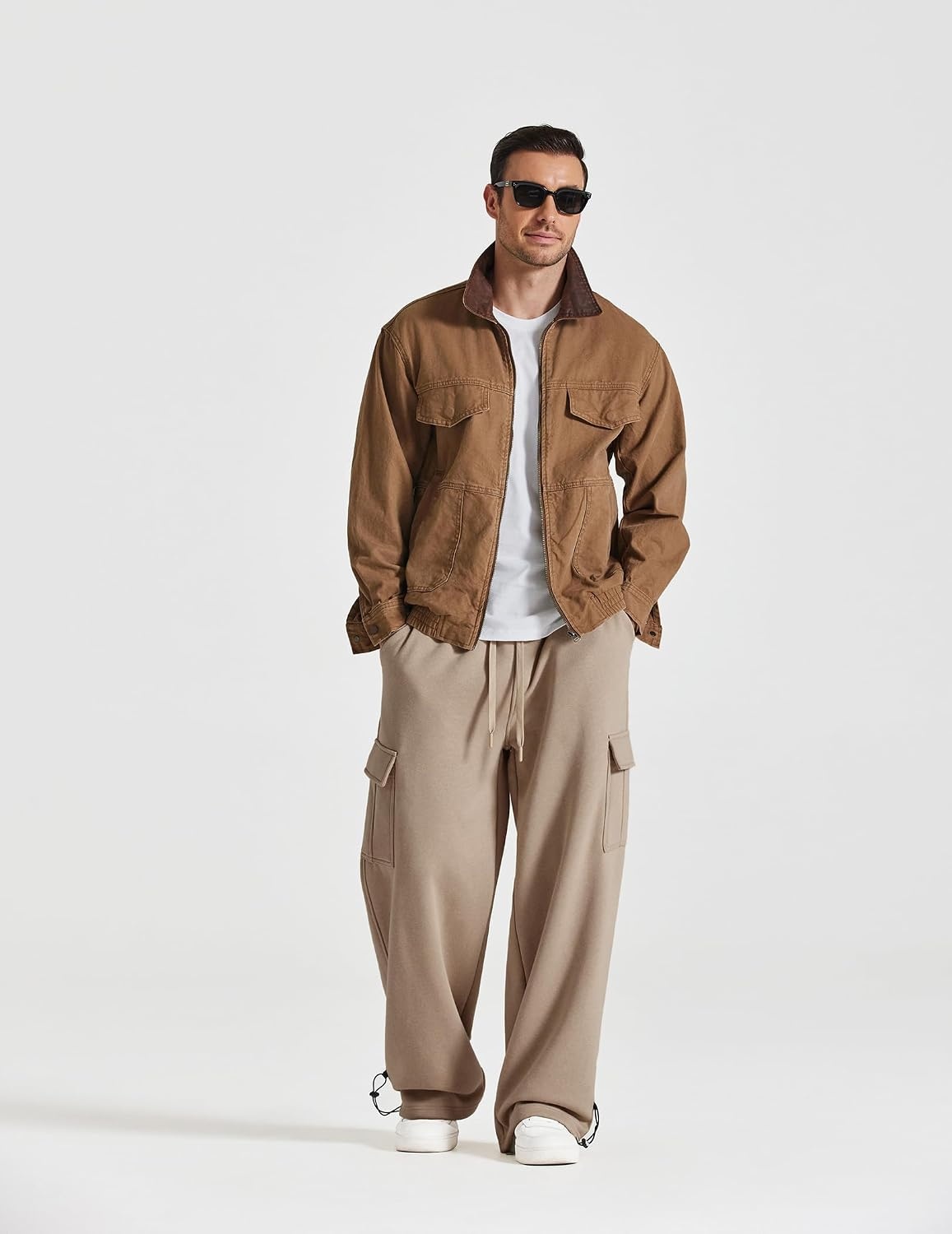image:imageCOOFANDY Mens Fleece Cargo Sweatpants Baggy Wide Leg Joggers with PocketsKhaki
