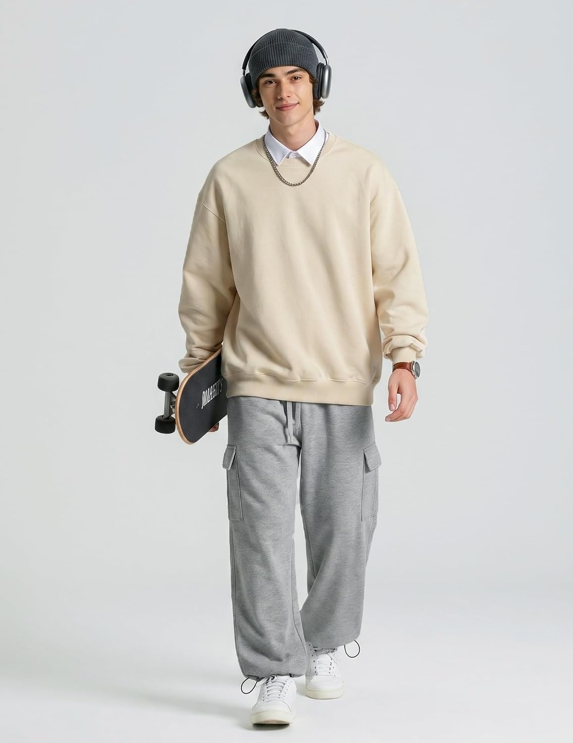image:imageCOOFANDY Mens Fleece Cargo Sweatpants Baggy Wide Leg Joggers with PocketsLight Grey