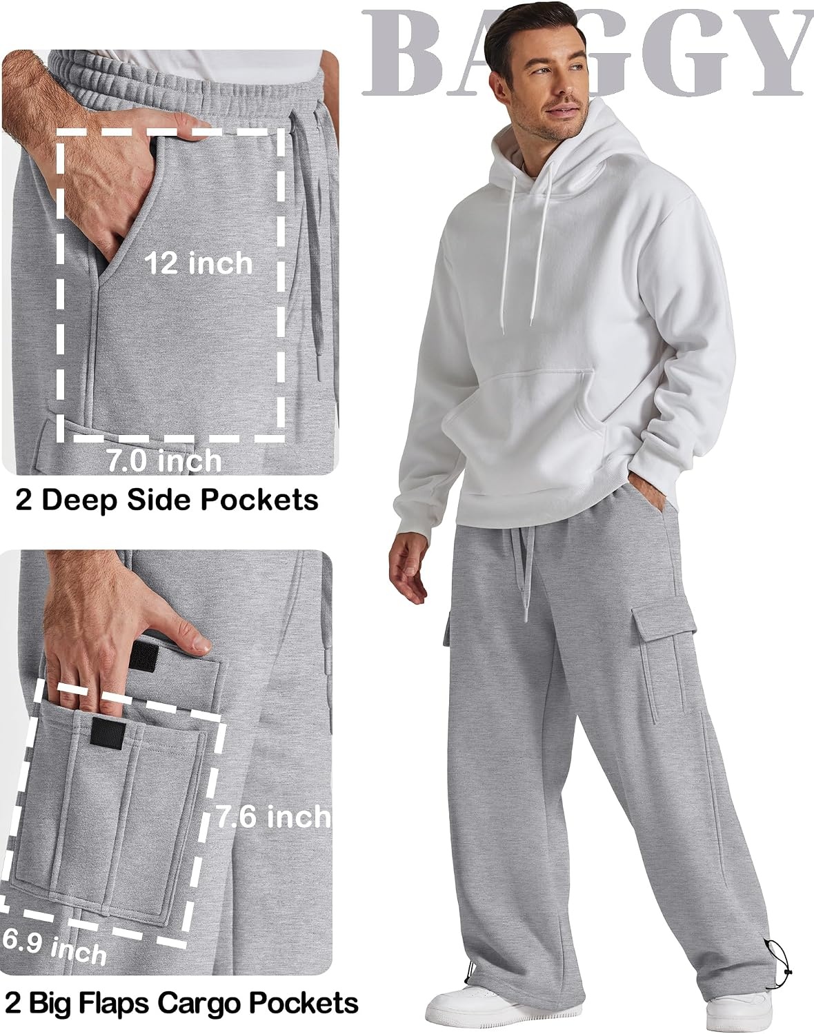 image:imageCOOFANDY Mens Fleece Cargo Sweatpants Baggy Wide Leg Joggers with PocketsLight Grey