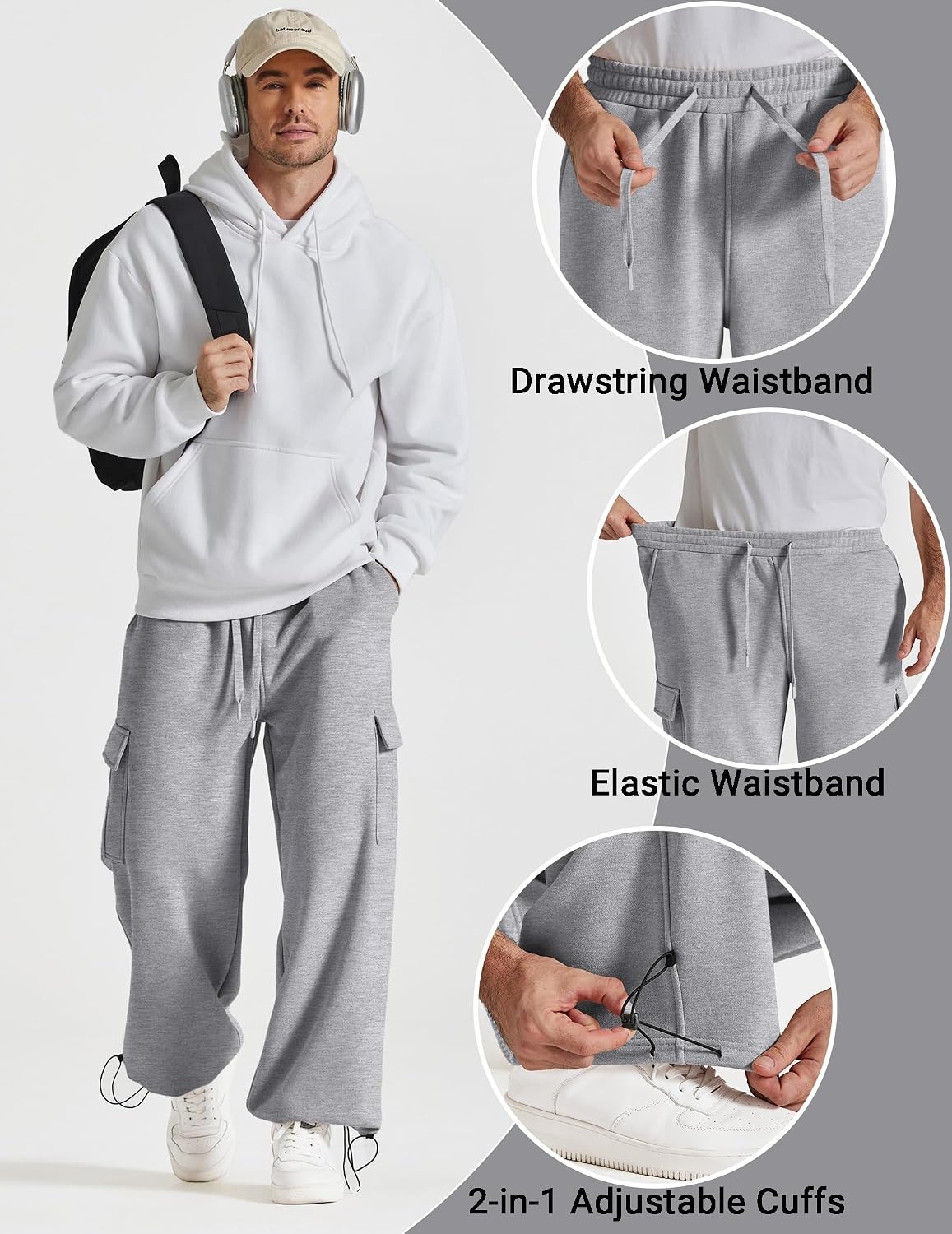 image:imageCOOFANDY Mens Fleece Cargo Sweatpants Baggy Wide Leg Joggers with PocketsLight Grey