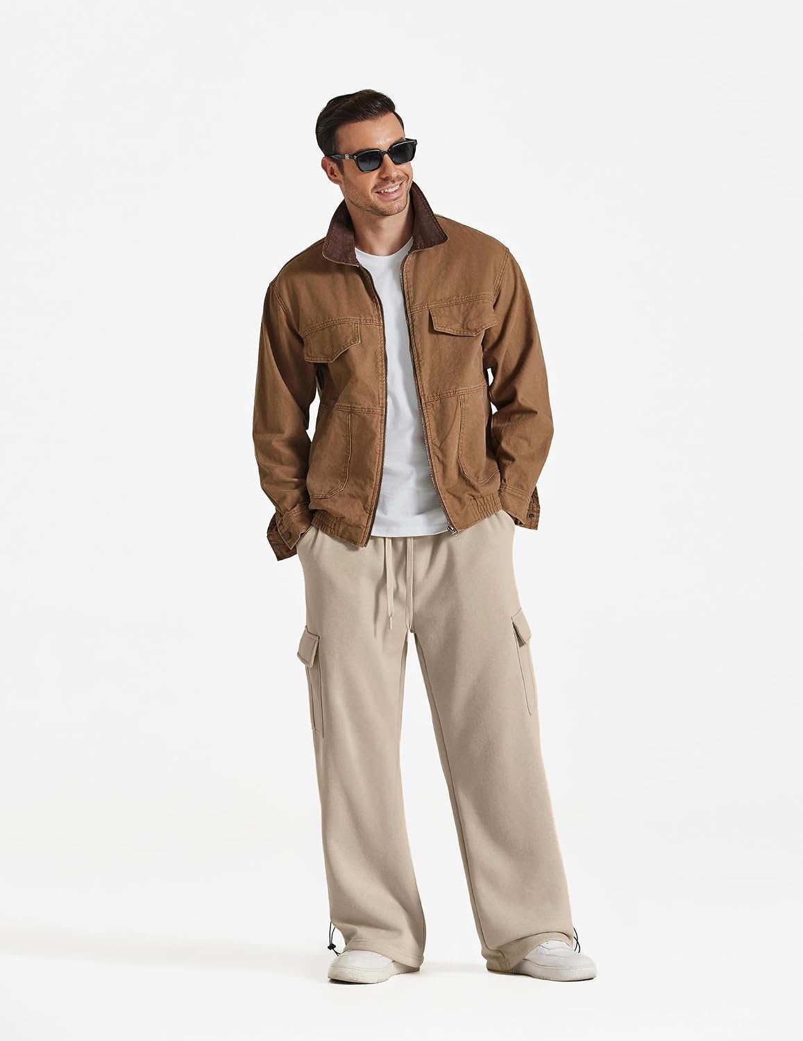 image:imageCOOFANDY Mens Fleece Cargo Sweatpants Baggy Wide Leg Joggers with PocketsLight Khaki
