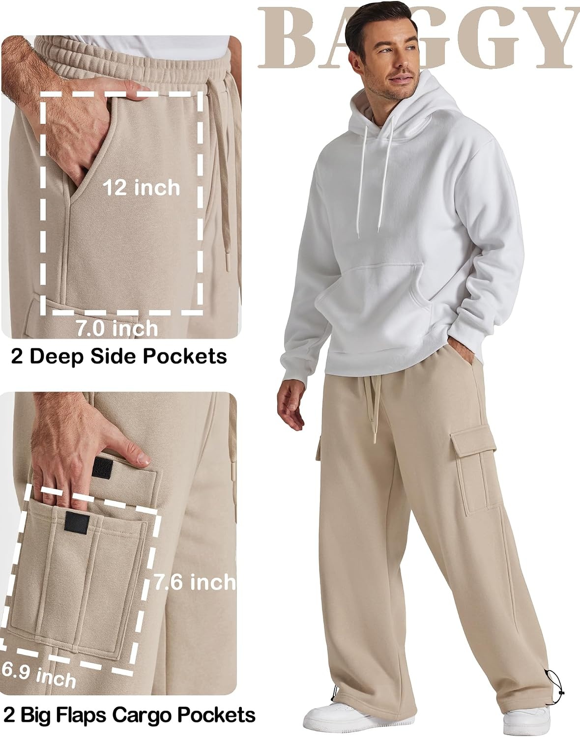 image:imageCOOFANDY Mens Fleece Cargo Sweatpants Baggy Wide Leg Joggers with PocketsLight Khaki