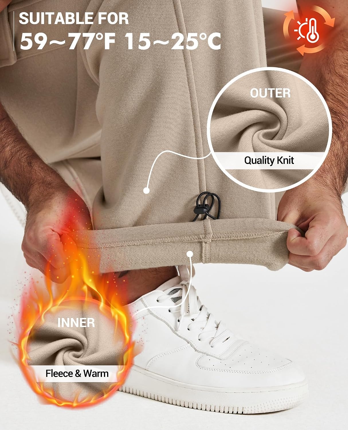 image:imageCOOFANDY Mens Fleece Cargo Sweatpants Baggy Wide Leg Joggers with PocketsLight Khaki