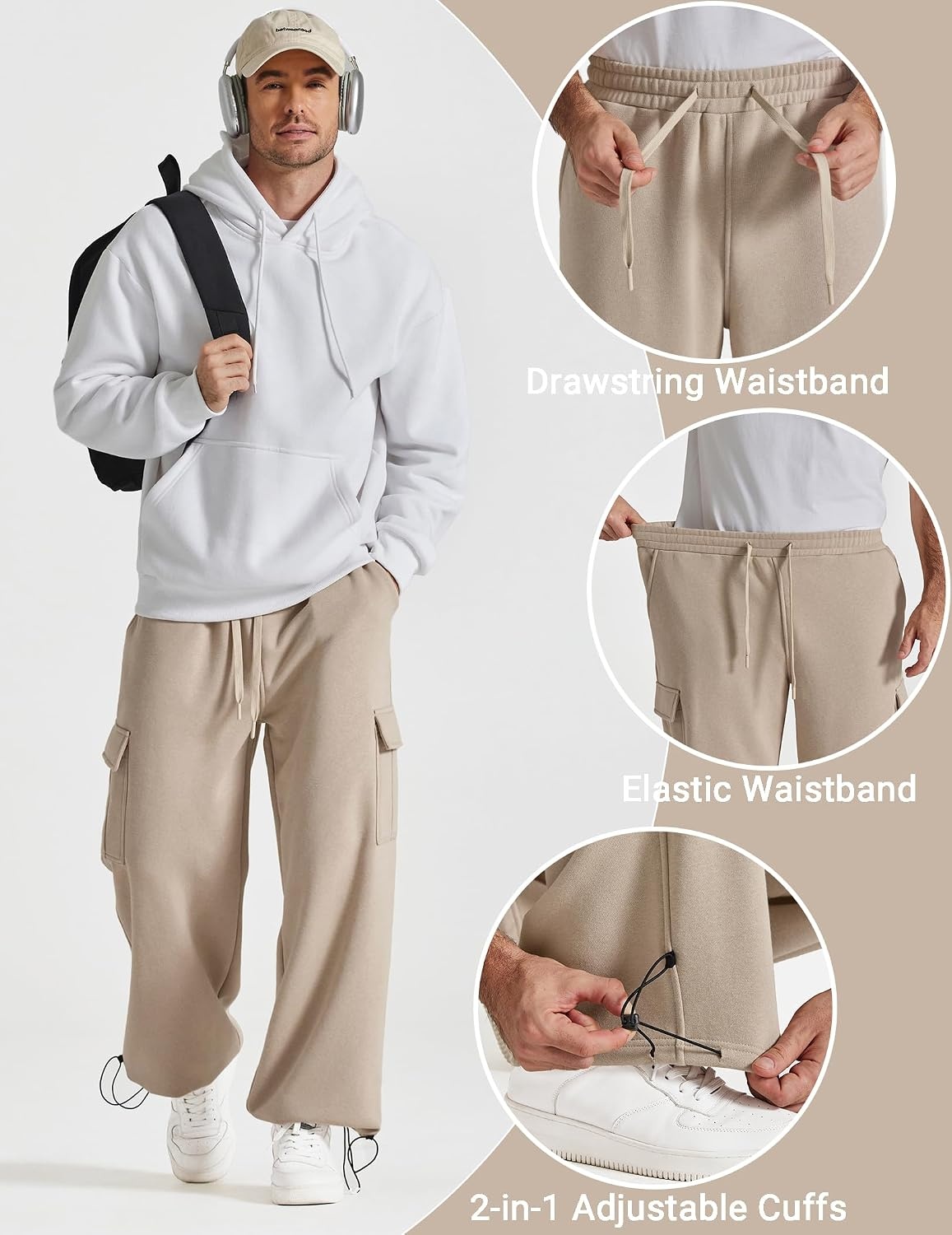 image:imageCOOFANDY Mens Fleece Cargo Sweatpants Baggy Wide Leg Joggers with PocketsLight Khaki
