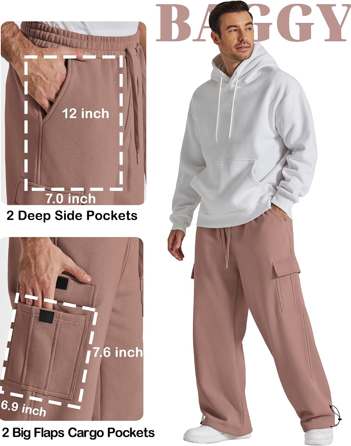 image:imageCOOFANDY Mens Fleece Cargo Sweatpants Baggy Wide Leg Joggers with PocketsLight Smoky Brown