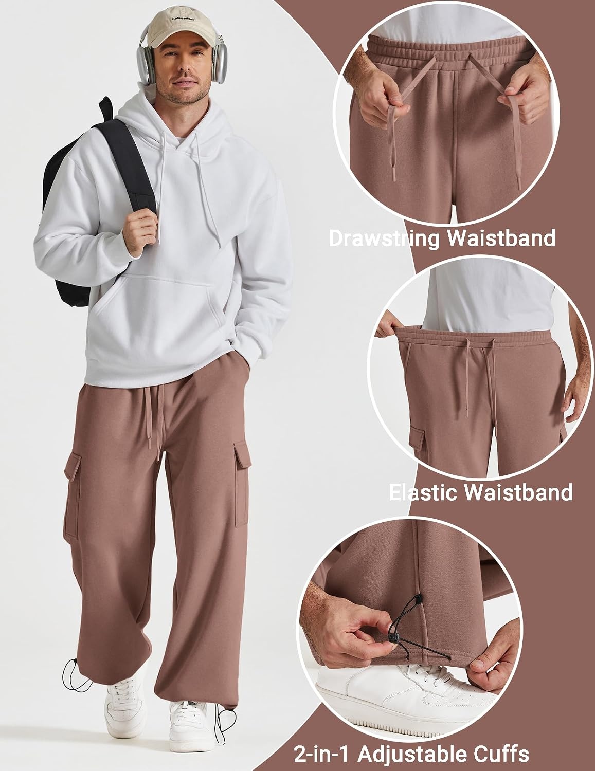 image:imageCOOFANDY Mens Fleece Cargo Sweatpants Baggy Wide Leg Joggers with PocketsLight Smoky Brown