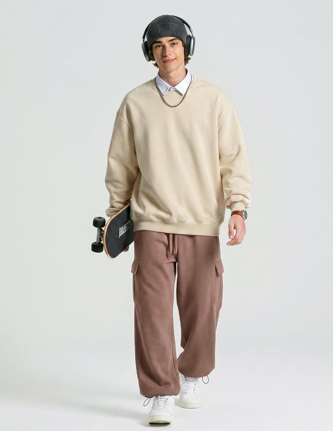 image:imageCOOFANDY Mens Fleece Cargo Sweatpants Baggy Wide Leg Joggers with PocketsLight Smoky Brown