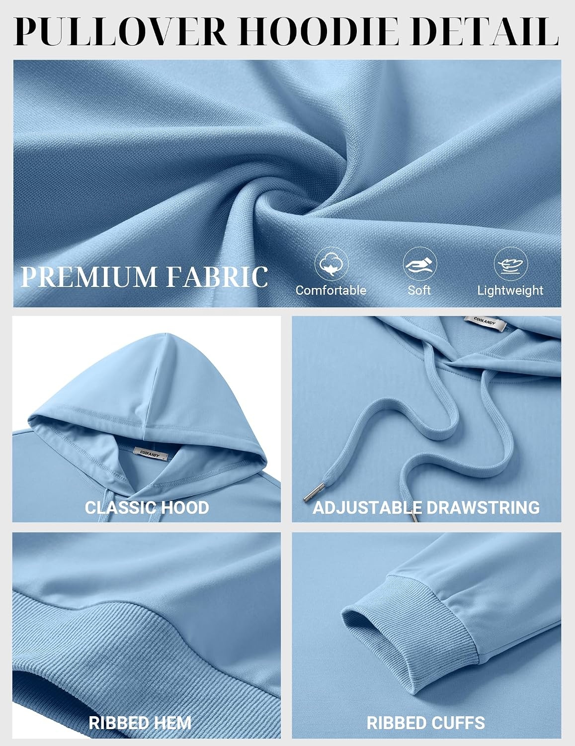 image:imageCOOFANDY Mens Hoodie Pullover Hooded Sweatshirt Casual Fashion Solid FallLight Blue