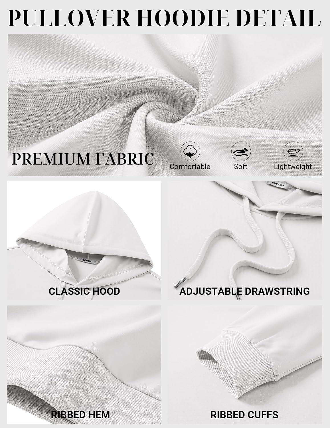 image:imageCOOFANDY Mens Hoodie Pullover Hooded Sweatshirt Casual Fashion Solid FallWhite