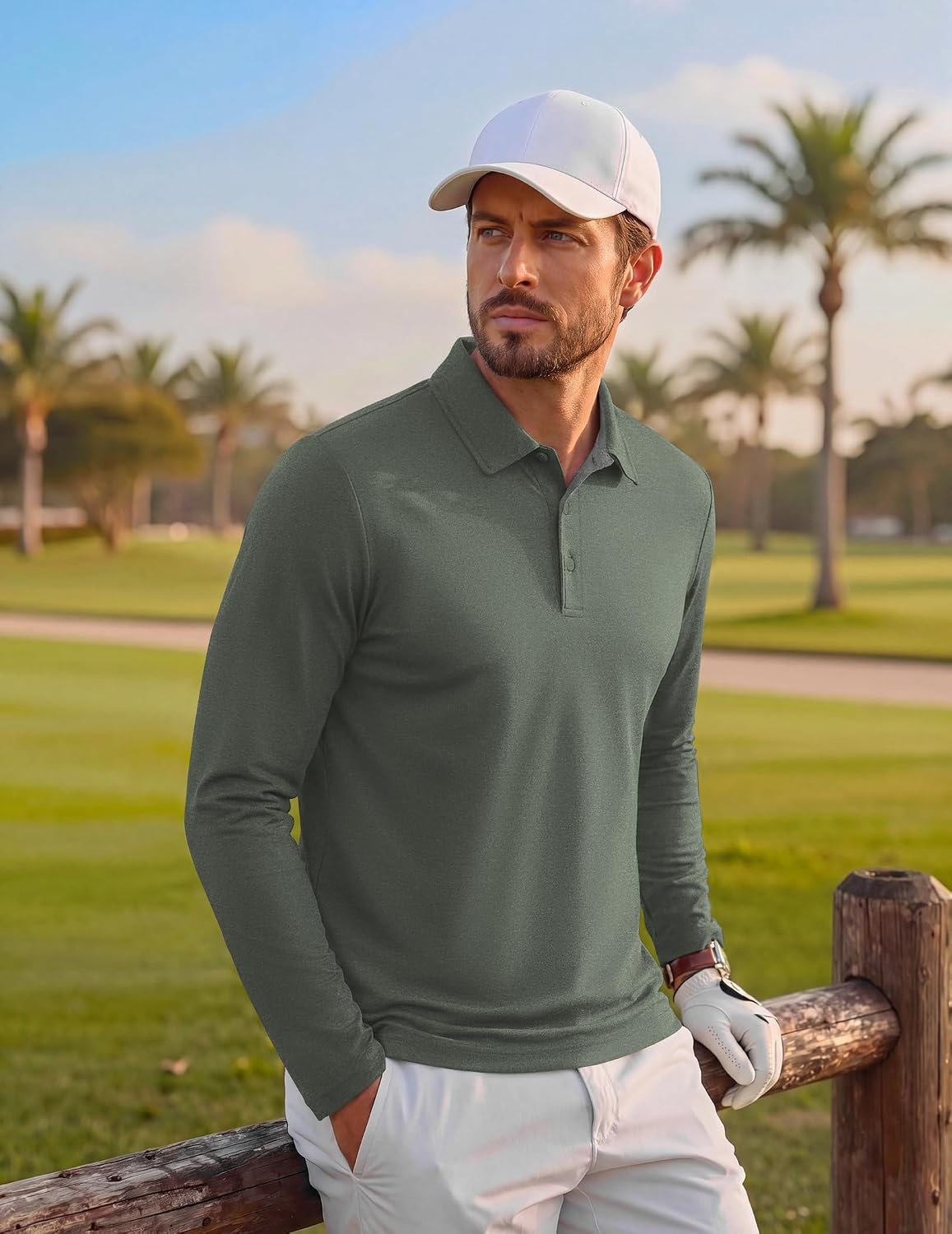 image:imageCOOFANDY Mens Long Sleeve Polo Shirt Collared Performance Golf ShirtsArmy Green