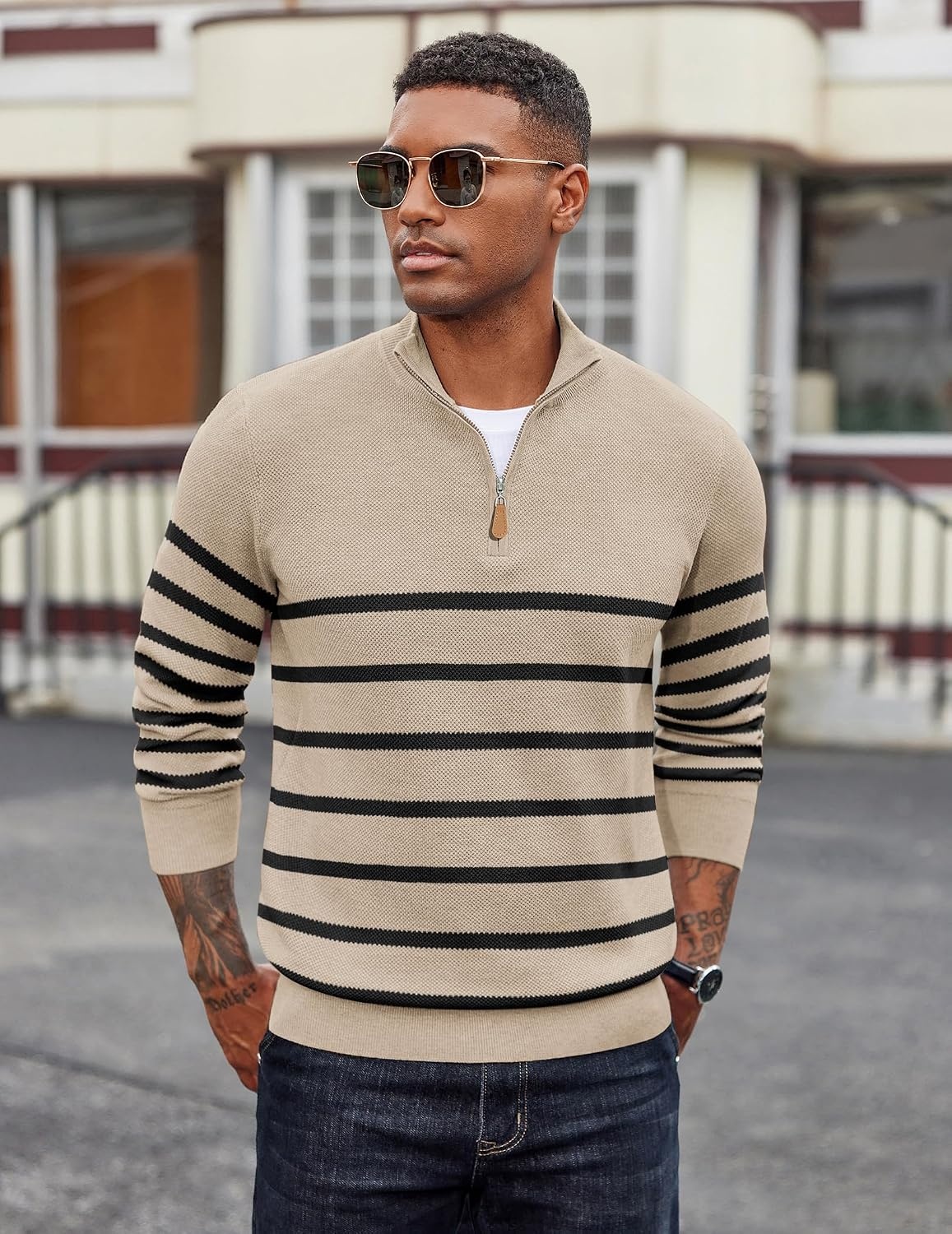 image:imageCOOFANDY Mens Quarter Zip Pullover Dress Regular Fit Mock Neck SweaterApricot Black Stripe