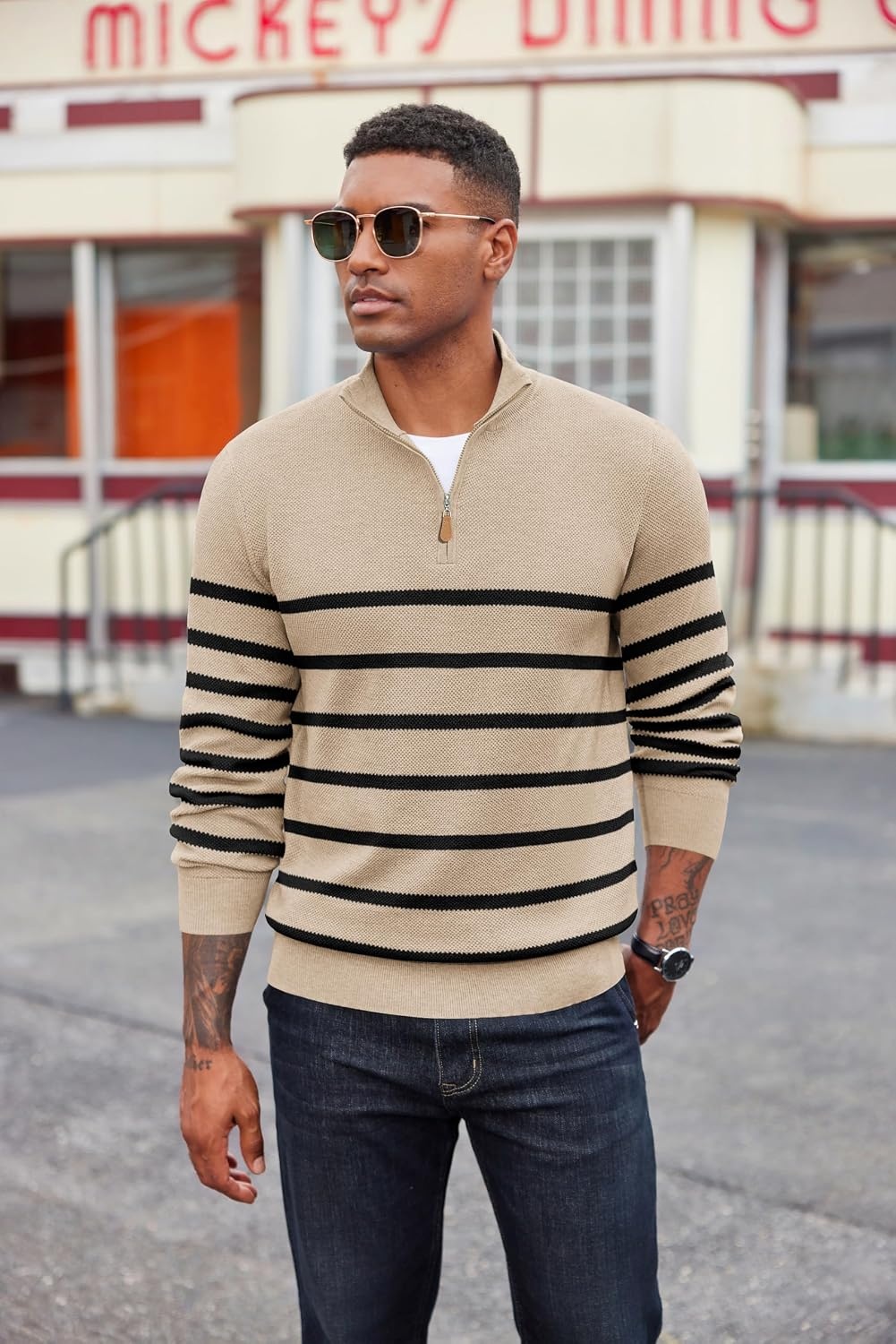 image:imageCOOFANDY Mens Quarter Zip Pullover Dress Regular Fit Mock Neck SweaterApricot Black Stripe